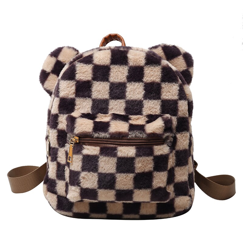 Bear Ears Plush Female Backpack Faux Fur Shoulders Bag Cute Furry Women Bag Winter Bags For Women 2022 Mini Girl Backpacks: Brown Plaid Backpack