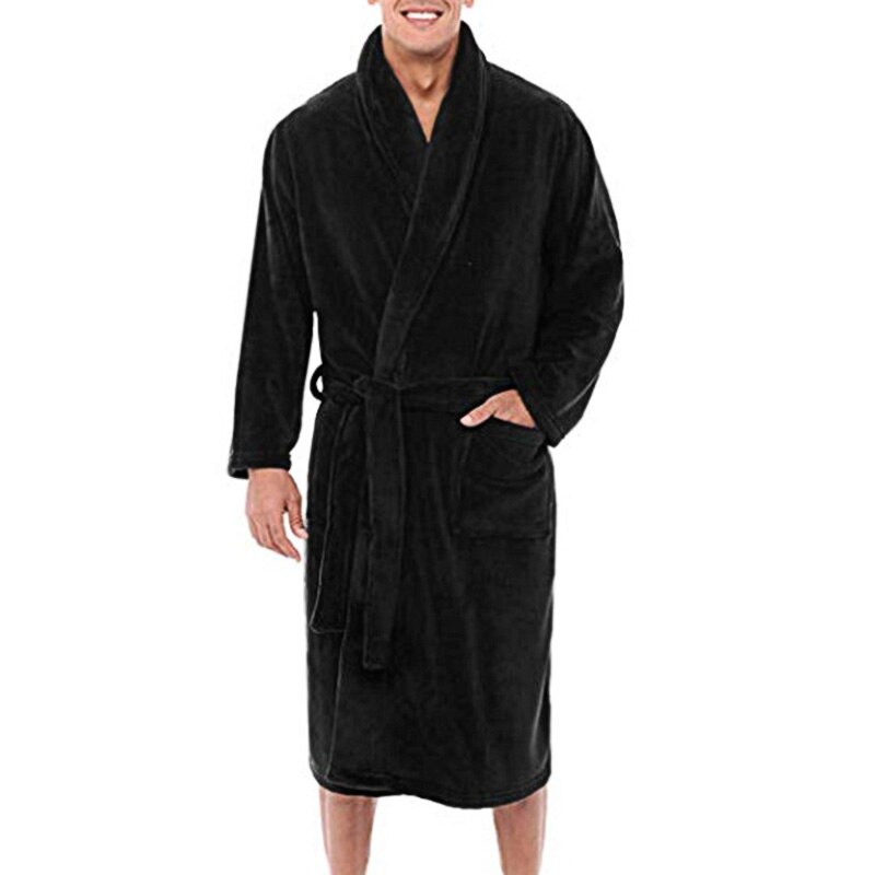 Mens Winter Warm Pluche Verlengd Sjaal Badjas Thuis Douche Kleren Lang Gewaad Jas EIG88: Black / L