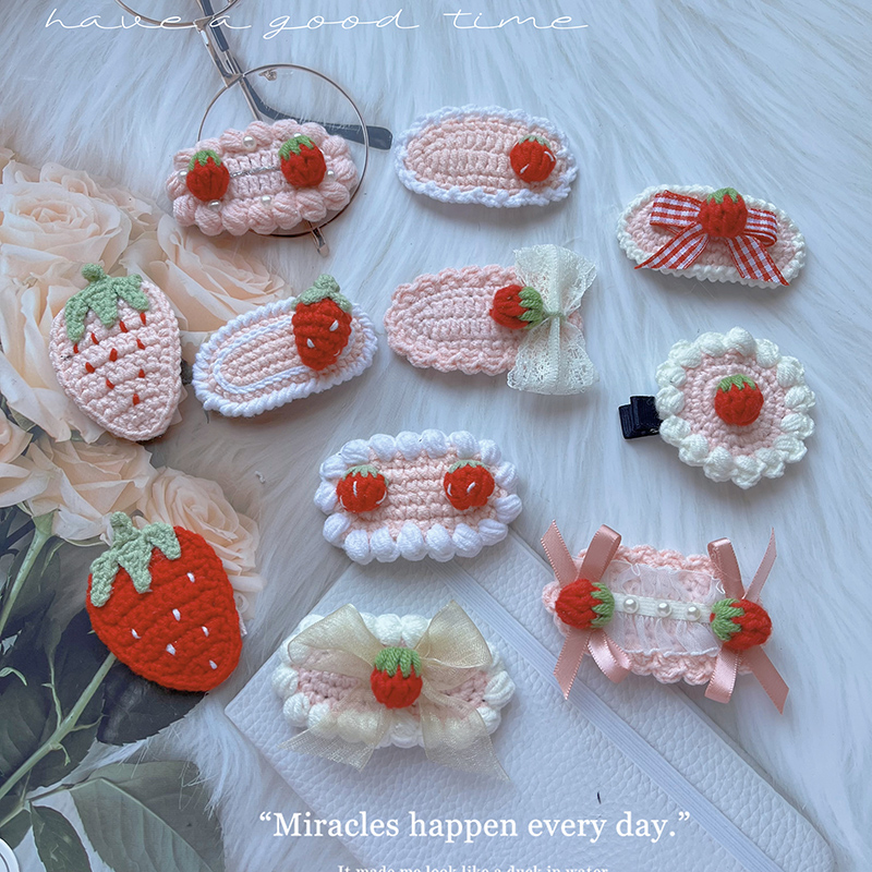 Pinzas para el cabello de fresa de ganchillo hechas a mano para niñas recién nacidas, horquillas a presión de hilo de algodón, horquillas rojas, pasadores BB para niños