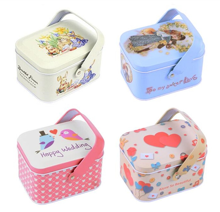 1Pc Metal Handle Storage Box Small Suitcase Organizer Case Sewing Kit Tinbox Candy Cookie Chocolate Packaging Wedding
