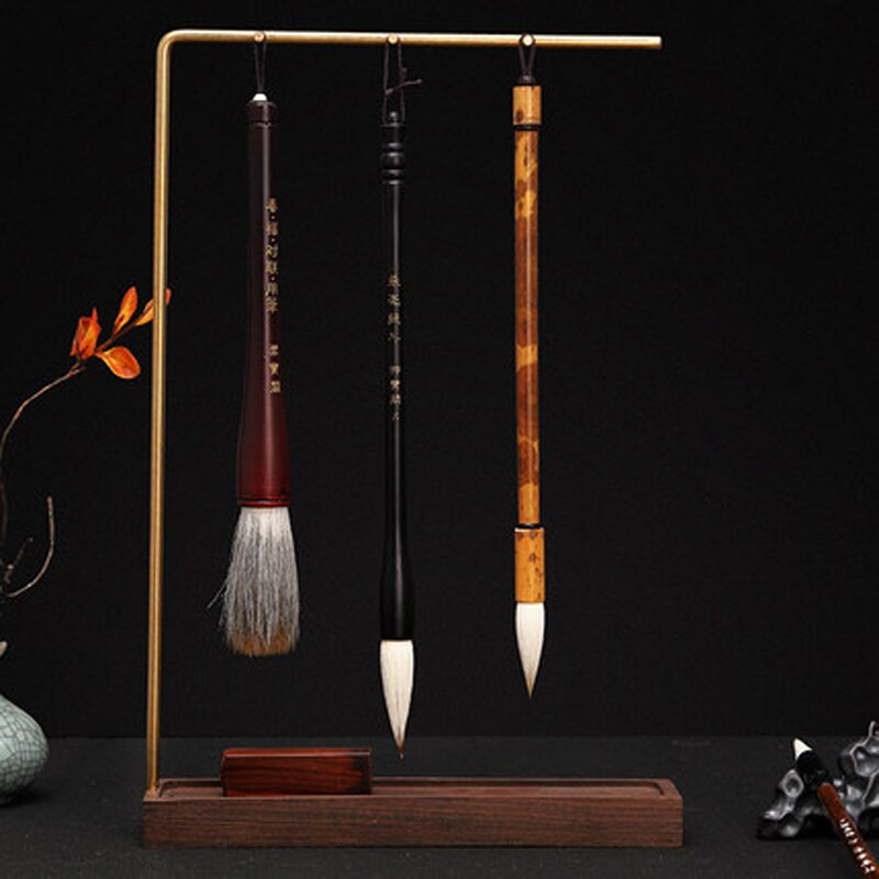Messing Pen Houder Kalligrafieborstel Pen Hanger 6 Pins Haken Massief Houten Borstel Pen Opknoping Art Kalligrafie Supplies