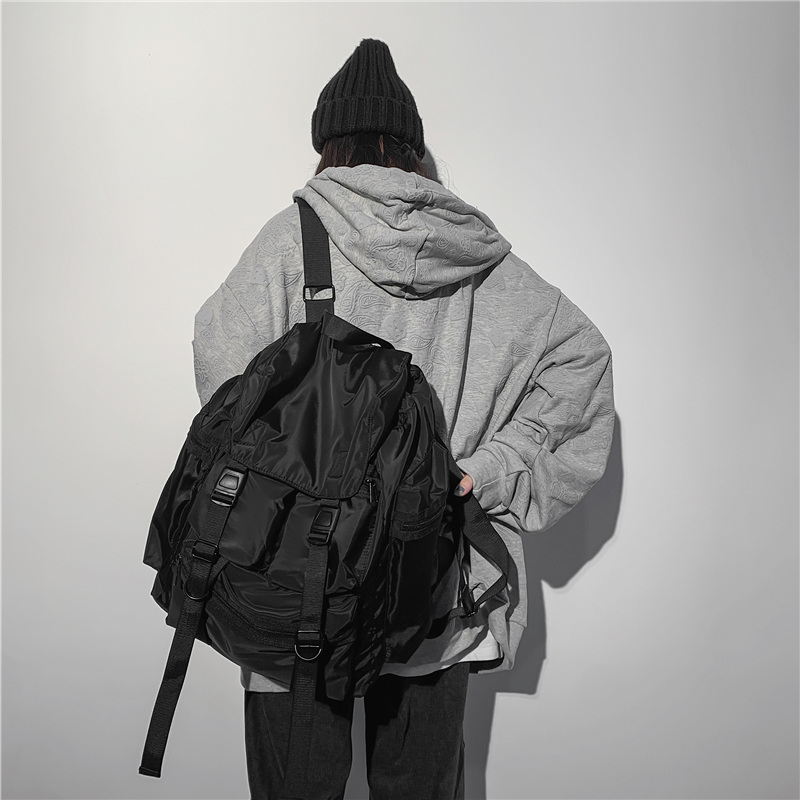 Sacs à dos noirs solides pour hommes, Style Streetwear Cool, Harajuku, grande capacité, sacs d&#39;école imperméables en Nylon pour hommes