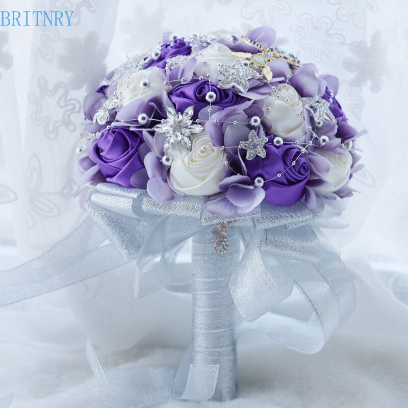 BRITNRY Fantasy Rose Wedding Bouquet Moon and Star Brooch Bouquet Satin Bride's Bouquet Purple Bridal Bouquet with Beads