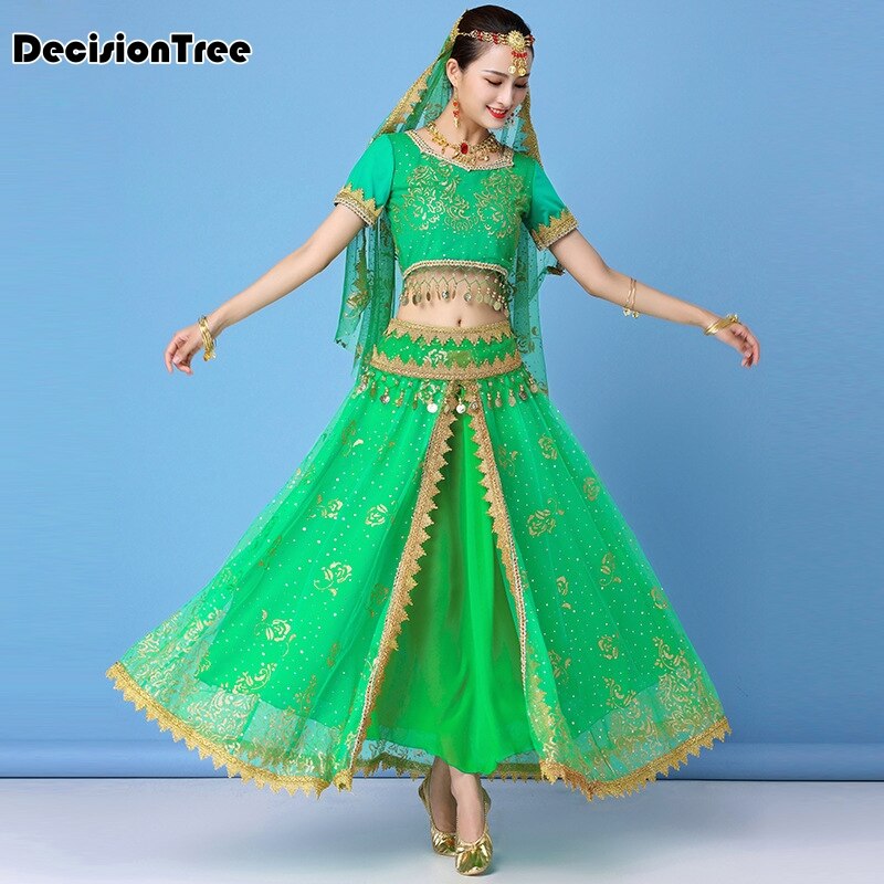 vêtements de danse femmes performance indien sari tenue bollywood danse du ventre costumes ensemble haut + ceinture + jupe + voile + casque
