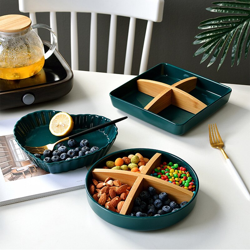 Utensilio de cocina de lujo, plato de cerámica Esmeralda, bandeja de aperitivo de cerámica, contenedor de frutos secos, platos para servir para fiestas