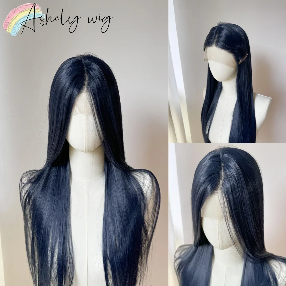Blue Wig Long Straight 13x4 Dark Blue Glueless Lace Wigs for Woman Natural Heat Resistant Fiber Hair Synthetic Lace Front Wigs: Blue / 26inches