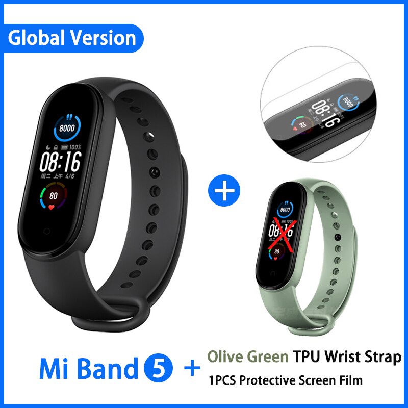 Xiaomi Mi Band 5 Smart Armband 4 Kleur Amoled Screen Miband 5 Smartband Fitness Traker Bluetooth Sport Waterdichte Slimme Band: GN add Green film