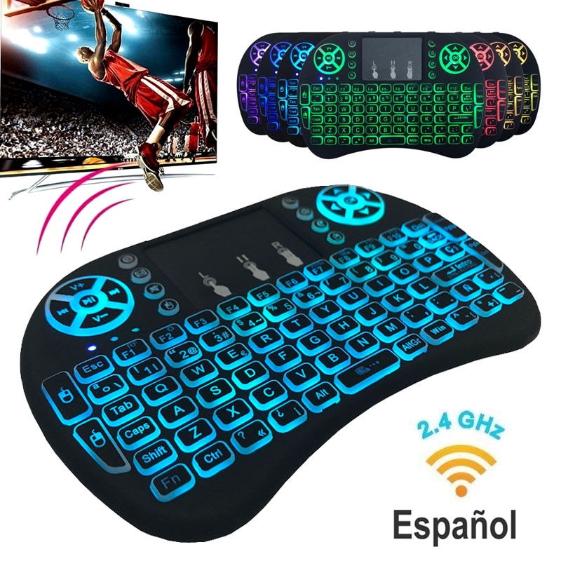 7 color backlit i8 Mini Wireless Keyboard 2.4ghz Spanish 3 colour Air Mouse with Touchpad Remote Control Android TV Box