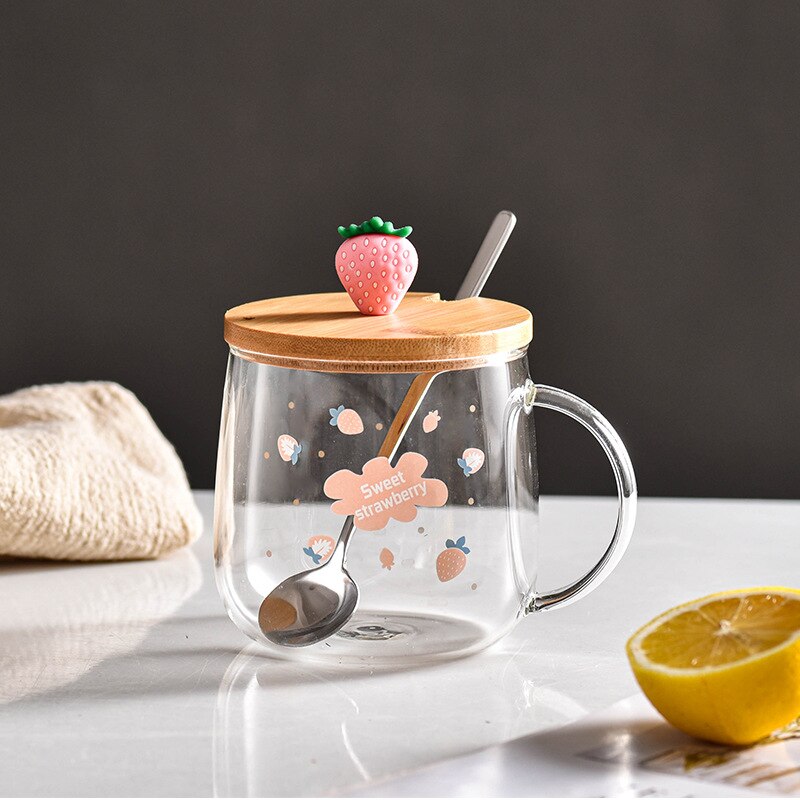 Spoon with lid cartoon strawberry cute water cup transparent cup drinking borosilicate cup coffee milk juice drink cup: D