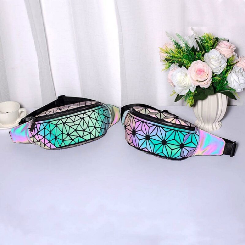 Holographic Waist Bag Geometric Pack for Women&Men Travelling Purse Wallet Luminous Belt Bum Iridescent Chest Bag