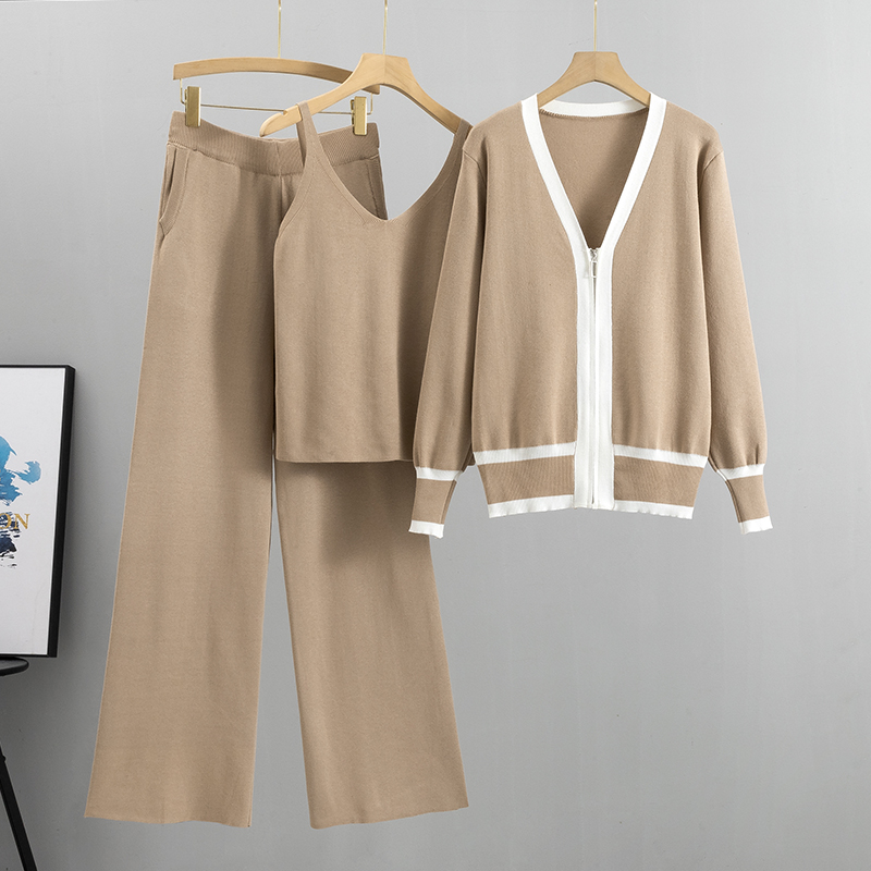 2025 nueva conjunto de 3 piezas chaleco Sexy para mujer + cárdigan de manga larga con cremallera + pantalones de cintura elástica chándal de mujer traje de punto: Caqui