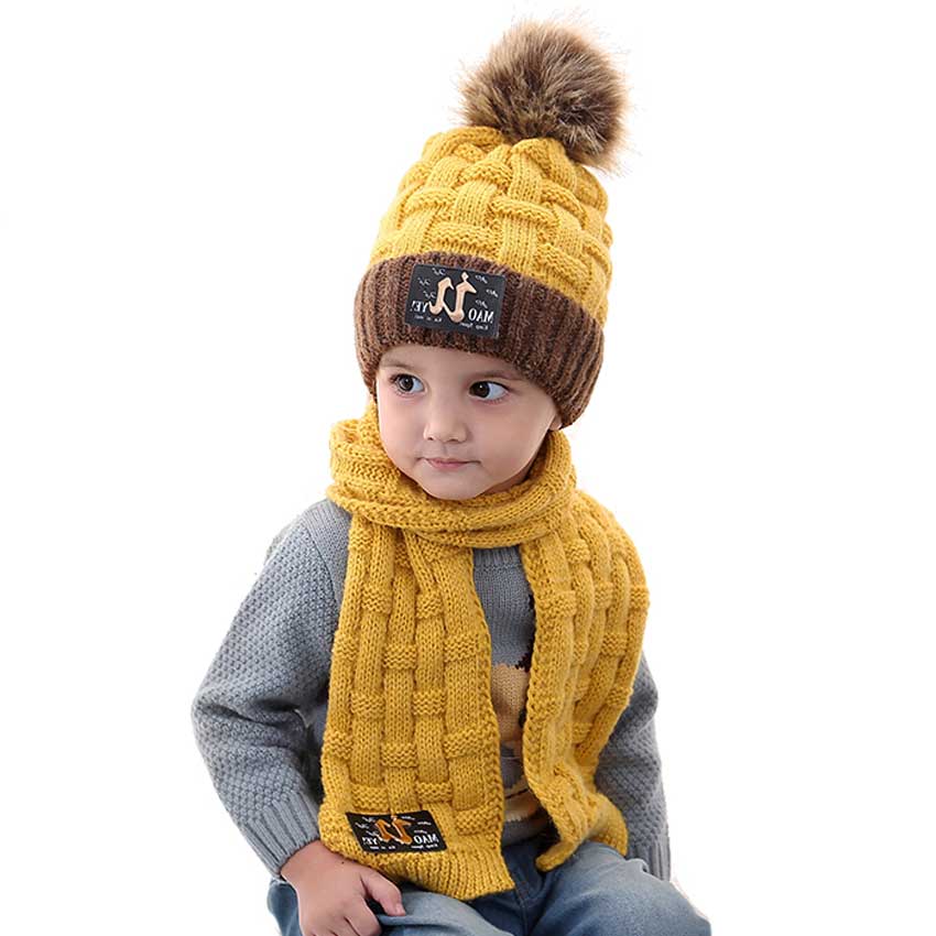 Vinter tjej mössa och halsduk set för barn barn stickade mjuka stretch kabel mössor halsdukar pojkar pompom keps halsdukar varm kostym  m7118