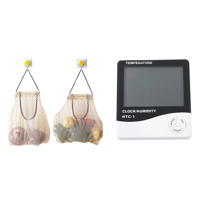 1x digital lcd medidor de temperatura e umidade relógio alarme & 2 pçs cozinha alho gengibre malha armazenamento saco pendurado baghollow respiração