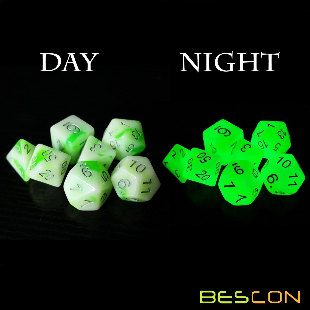 Bescon Gloeiende Polyhedral Rpg Dobbelstenen Set Lichtgevende Jade, Bescon Glow In Dark Poly Dobbelstenen Set Van 7, dnd Rol Playing Game Dobbelstenen