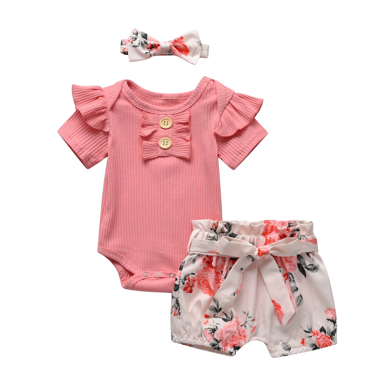 3 -teiliges sommer-kleidungsset für mädchen: einfarbiger kurzarmbody für neugeborene + kurze Hose mit blumenmuster + stirnband: Silber / 6m