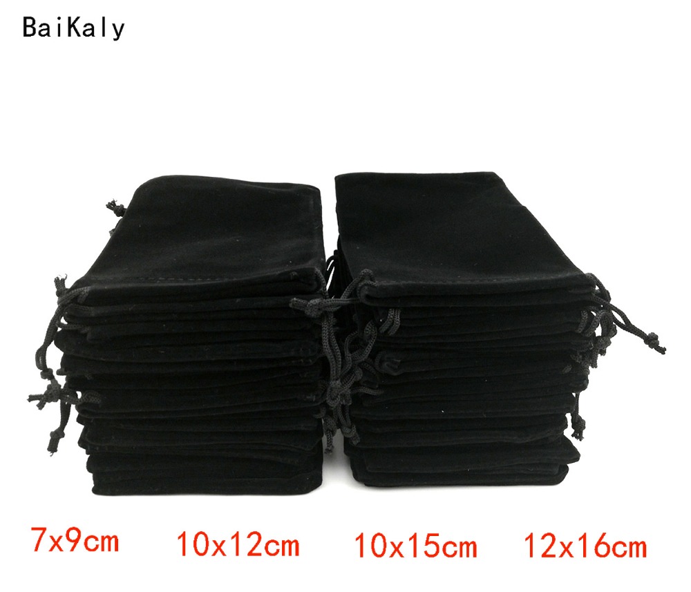 1 stks/partij 7x9 cm 10x12 cm 10x15 cm 12x16 cm Zwart Fluwelen tas Pouch Koord Fluwelen Zakjes Bag Sieraden Verpakking Display Tassen