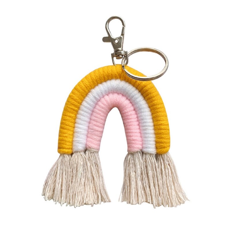 Macrame regnbue nøgleringe boho taske charms med kvaster håndvævet bomuldstilbehør til bilnøgle pung pung hængende dekoration: -en