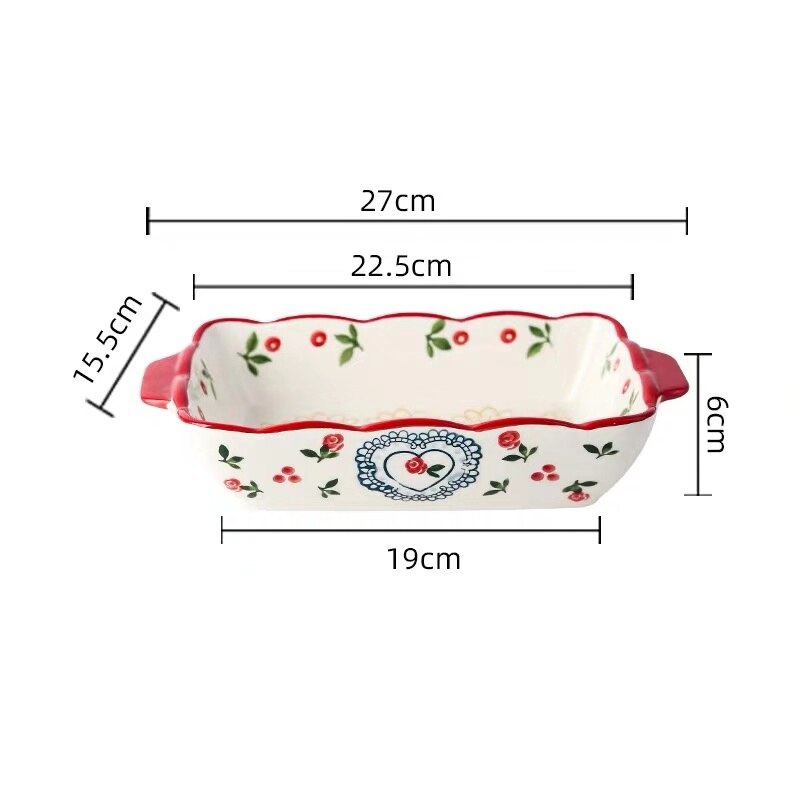 Ceramic Baking Dish Roasting Lasagna Pan Rectangular Dish Bakeware with Handle Microwave Hand-painted Dessert Plate: L