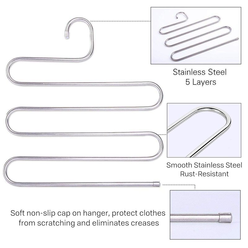4 Pack Multi Broek Hangers Rack voor Kast Organisatie, rvs S-vorm 5 Layer Kleerhangers voor Ruimtebesparende Opslag