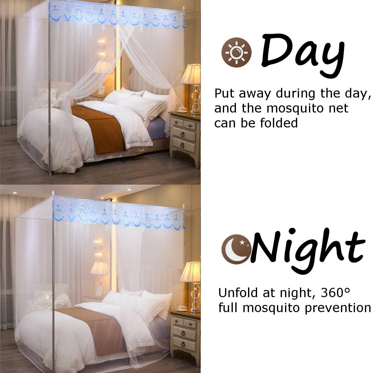 Mosquito Net Single Side Openings Four Corner Bed Post Bed Canopy Mosquito Net Luxury Princess Style Full Queen King Size