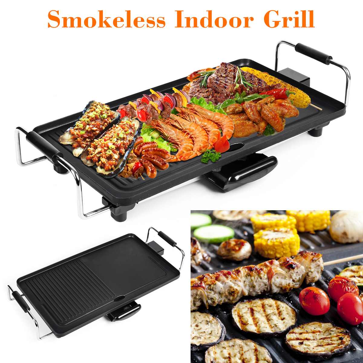 Barbecue électrique en aluminium antiadhésif, 1200W, 48x27cm, sans fumée, prise ue/US