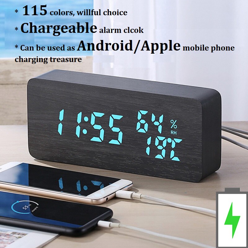 Led Houten Tafel Klok Desktop Vierkante Usb/Aaa Powerd Digitale Display Voice Control Snooze Elektronische Wekker Oogbescherming: Charging Colorful