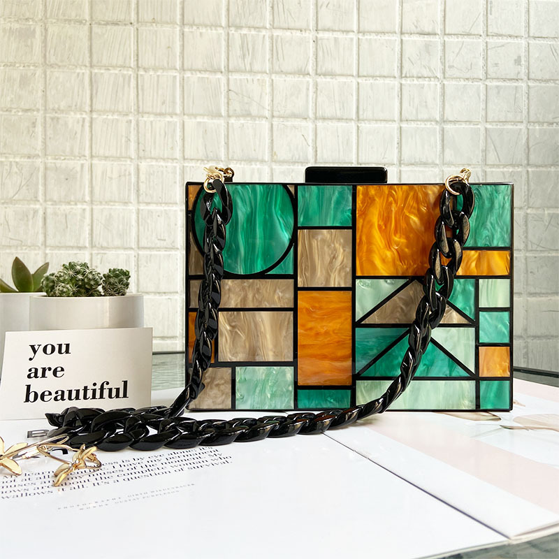 Brand Acrylic Patchwork Evening Bags Vintage Women Messenger Bags Geometric Pattern Clutches Party Prom Handbags Purses: Green Acrylic Chian