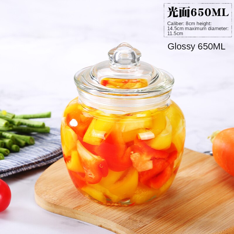 Korea Glass Container Kimchi Jar Kitchen Thickened Pickled Cans Household Pickled Pickles Cylinder Sealed Cans jars and lids: Glossy650ml