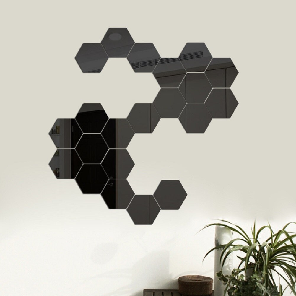 24 pièces hexagone miroir autocollant auto-adhésif mosaïque carreaux miroir autocollants salon salle de bain décoration autocollant bricolage miroir autocollants: Black S