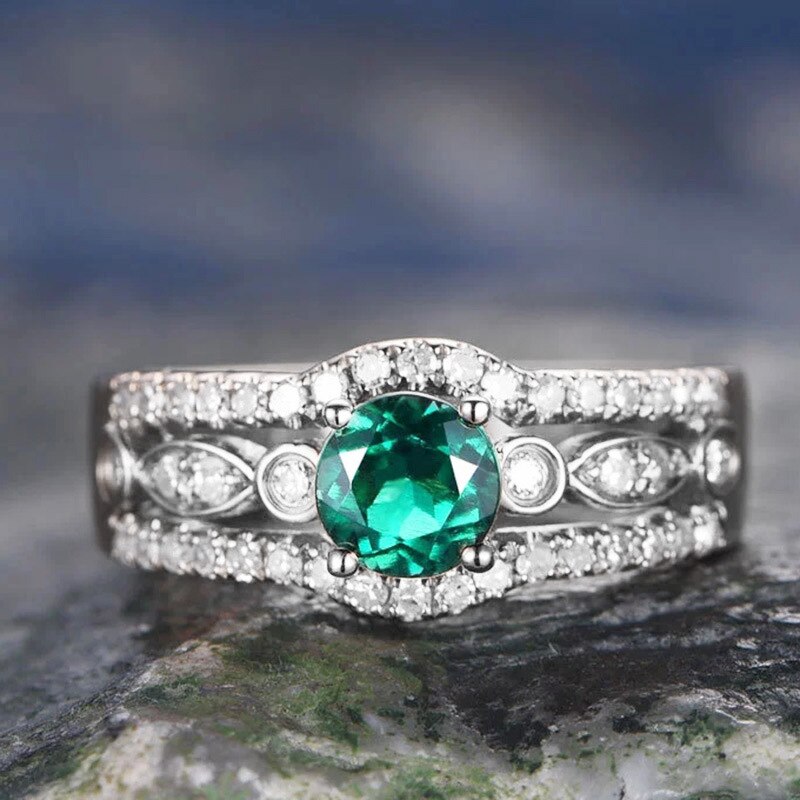 2022 Retro Groene Kleur Ronde Zilveren Kleur Engagement Ring Voor Vrouwen Lady Anniversary Sieraden Bulk Verkoop R5816