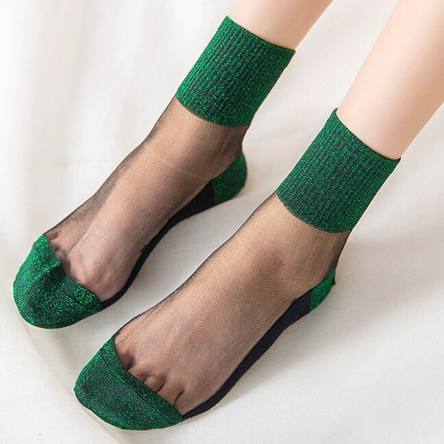 Kvinnor sommar glitter siden tunna strumpor dam spets mesh glänsande elastiska strumpor patchwork färger kristall genomskinliga vriststrumpor 8 färger: Mörkgrå