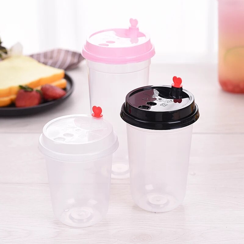 20 Stuks Wegwerp Transparante Plastic Beker Sap Cups Koude Dranken Melk Thee Cup Takeaway Verpakking Met Deksel