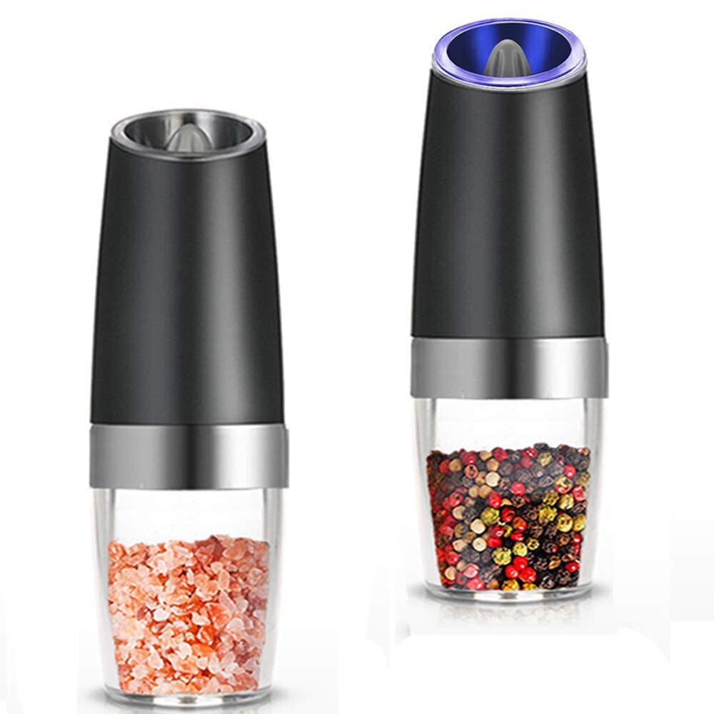 Premium Gravity Electric Salt and Pepper Grinder Set of 2 Battery Powered Salt Shakers, Automatic One Hand Pepper Mills with L