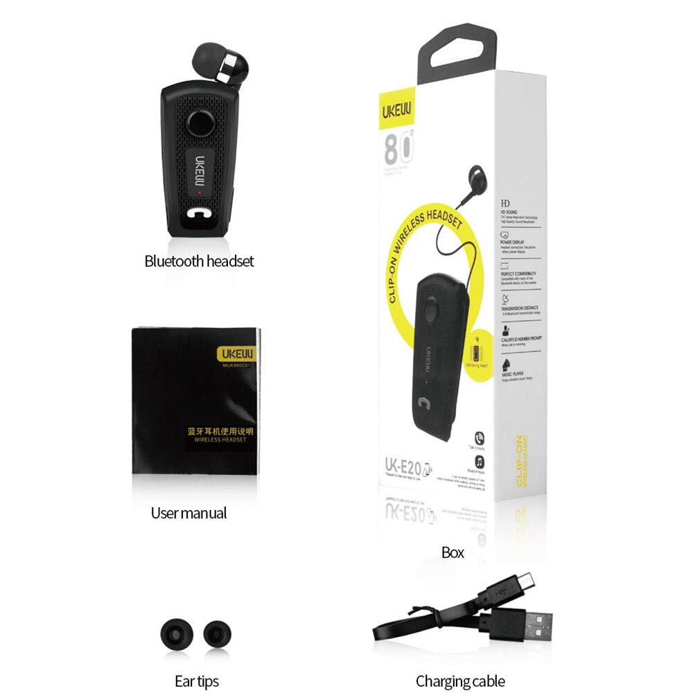 FINEBLUENew-auriculares inalámbricos UK-E20, cascos con Bluetooth, tipo telescópico, con micrófono, vibración de llamada