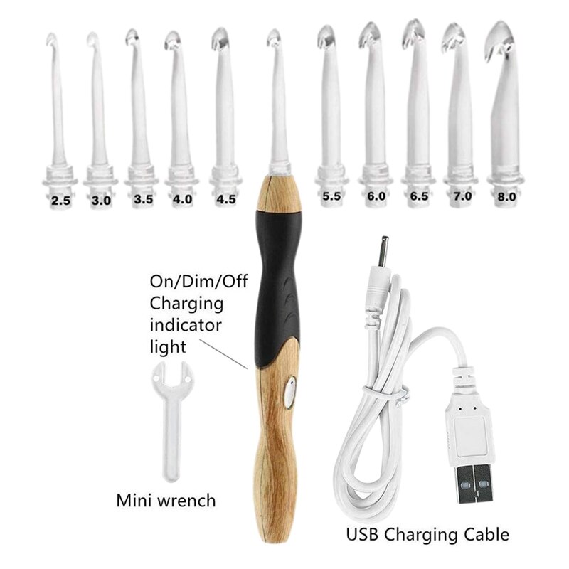 11 Sizes Lighted Crochet Hooks Set - Light Up Crochet Hooks,Rechargeable Crochet Hook with Light,2.5mm to 8mm