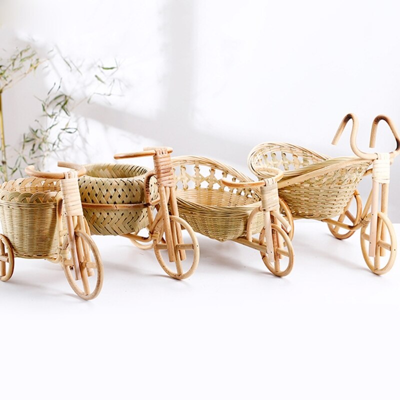 Mini Triciclo de ratán tejido para fruta, cesta de almacenamiento de mimbre hecha a mano de bambú para fruta, comida, pan, organizador, manualidades artísticas