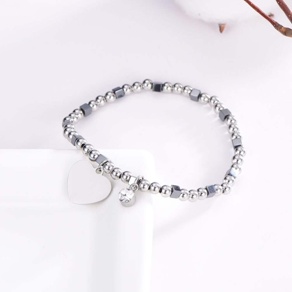 Pulsera colgante de corazón de acero inoxidable para mujer, pulsera brillante con cuentas de cristal CZ, pulseras para mujer, ,