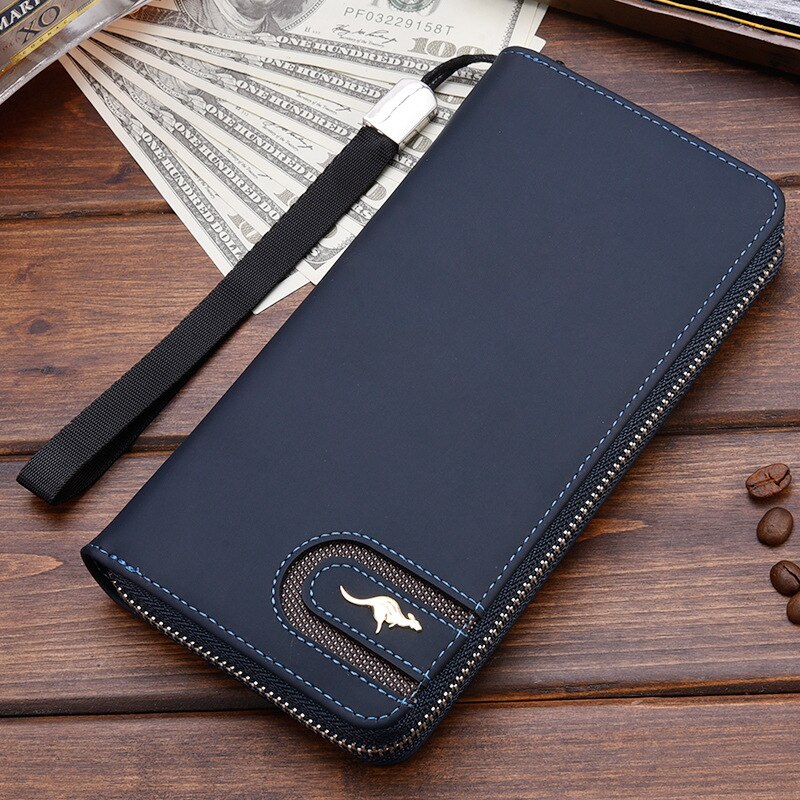 Men&#39;s Leather Wallet Zipper Long Purse Big Capacity Clutch Phone Bag Wrist Strap Coin Purse Card Holder For Male: Blue B