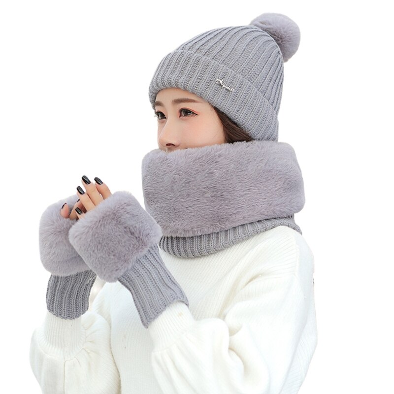 Dames winter 3 stuks pompom muts harige cirkel sjaal vingerloze handschoenen set  x7jb: Grijs