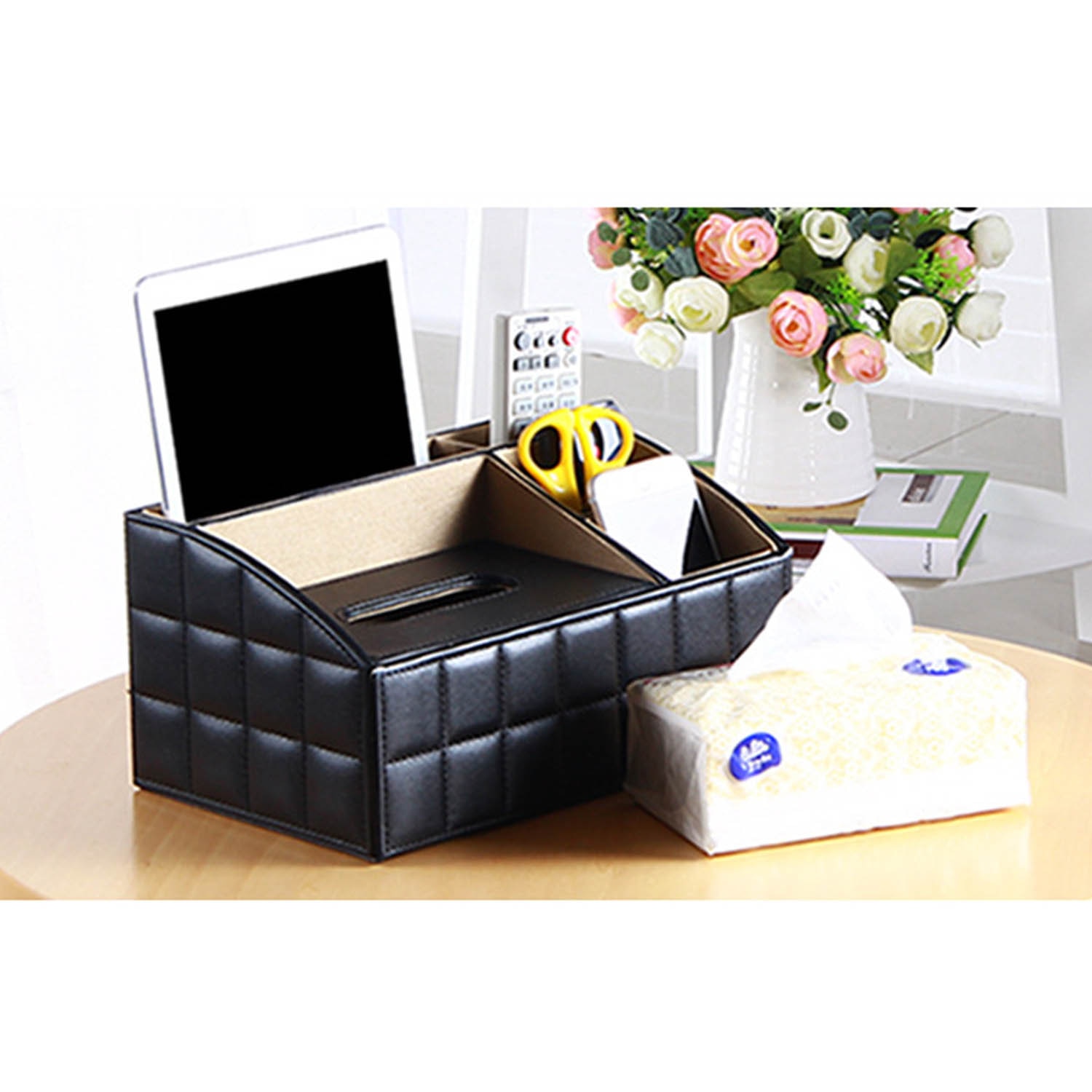 Behogar Multifunctional Desk Organizer Caddy Office Tissue Box Remote Control Holder PU Leather 4 Compartments Teacher Supplies