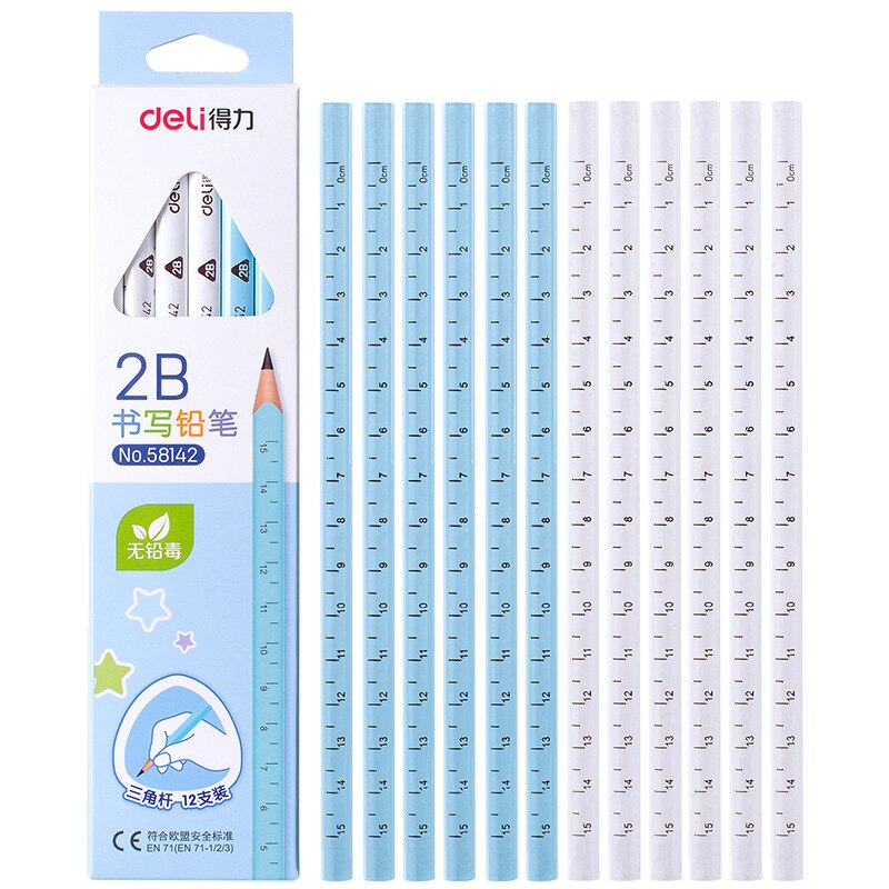 12 Stks/doos Kawaii Cartoon Driehoek 2B Potlood Met Heerser Creatief Schrijven Tekening Potlood Voor Kid Student Briefpapier Leveringen: blue