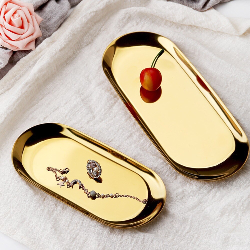 Stainless Steel Gold Storage Tray Fruit Snacks Jewelry Display Plate Kitchen Organizer Tools Metal Dessert Plate Home Storage