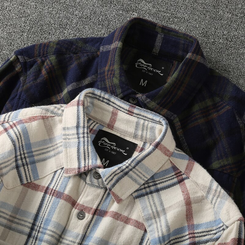 Wiosna moda męska w stylu klasyczny z długim rękawem koszula flanelowa w kratę japońska modna wysokiej jakości zapinana na co dzień ładunek topy męskie tkaniny