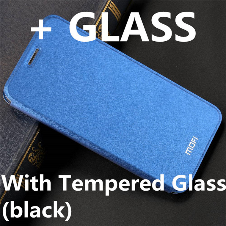 Funda de MOFI para Redmi Nota 7 caso para Redmi Nota 7 Pro Flip caso para Xiaomi Redmi Note 7 De cuero de la PU transparente protector de TPU Capas: Blue with Glass