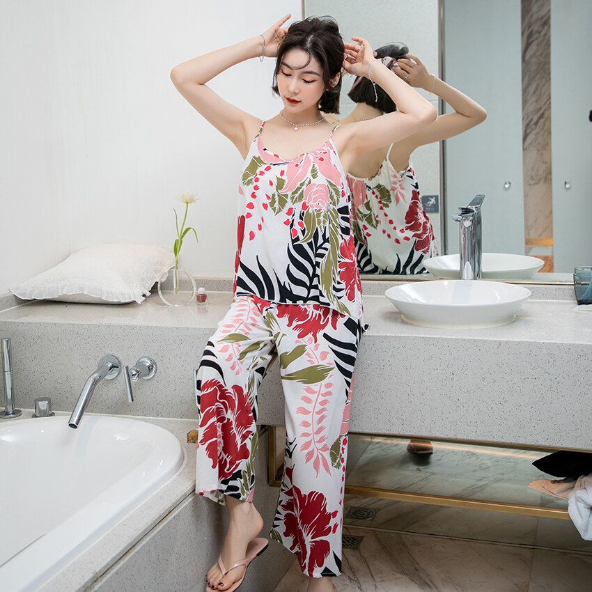 HECHAN Flowers Pattern Female Sleepwear 2 Piece Set Spaghetti Strap Sleeveless Tops Loose Print Pants Women Sets Casual Homewear