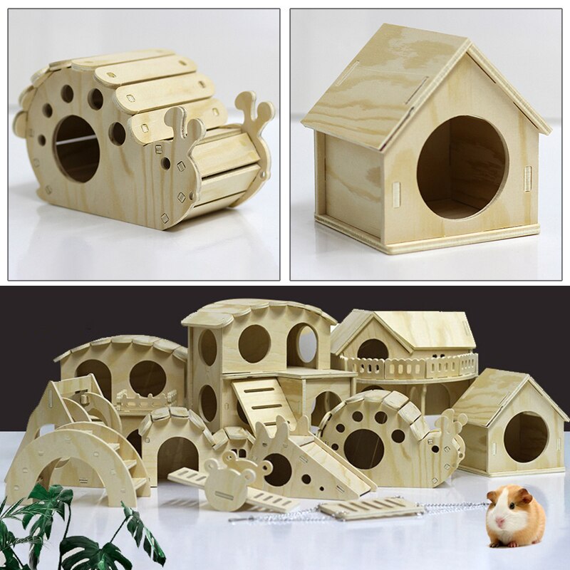 Muebles de juguete de madera para hámster, casa pequeña, columpio, rueda para correr, nido de madera, jaula, suministros