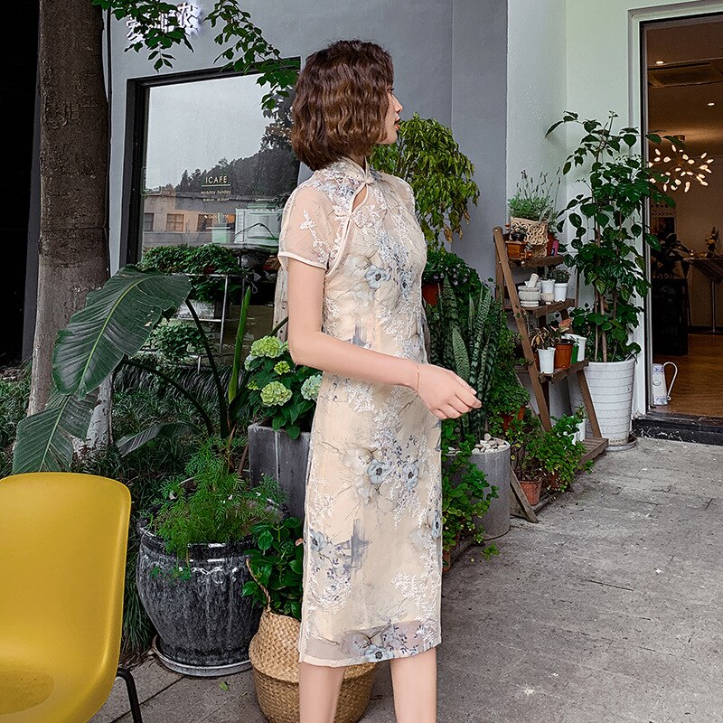 FZSLCYIYI Ladies Satin Silk Qipao Dress Lace Embroidery Traditional Clothing Chinese Knee-length Qipao Dresses