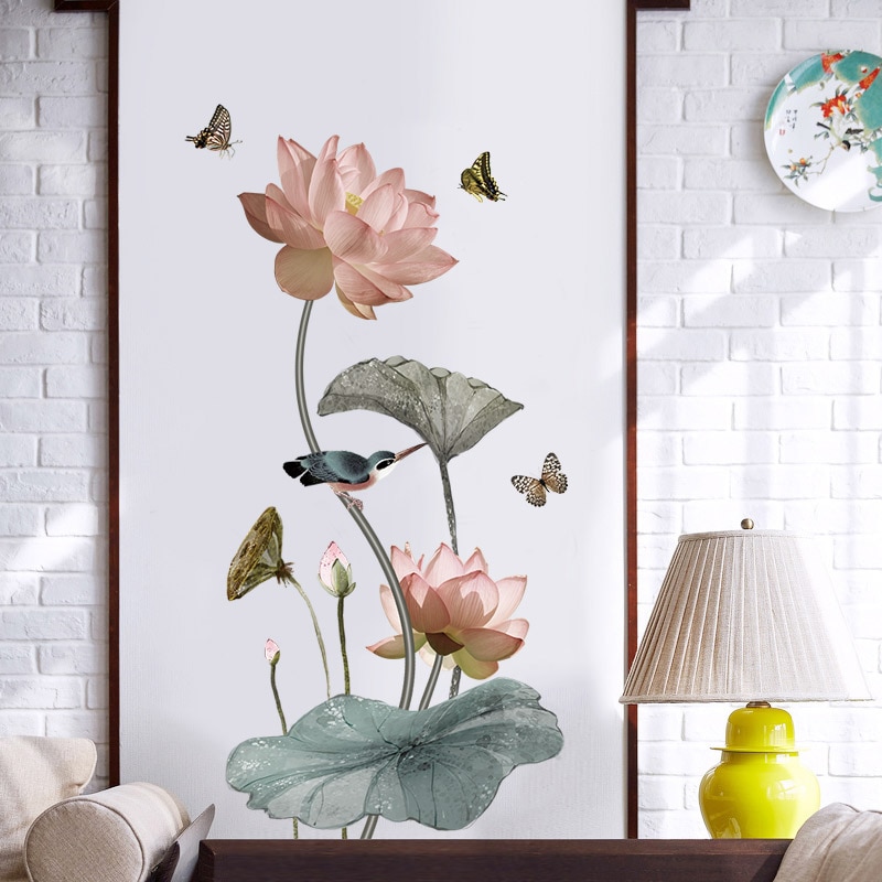 Chinese stijl Elegante lotus Muursticker Woondecoratie DIY slaapkamer woonkamer Achtergrond Muurschildering art Decals poster stickers