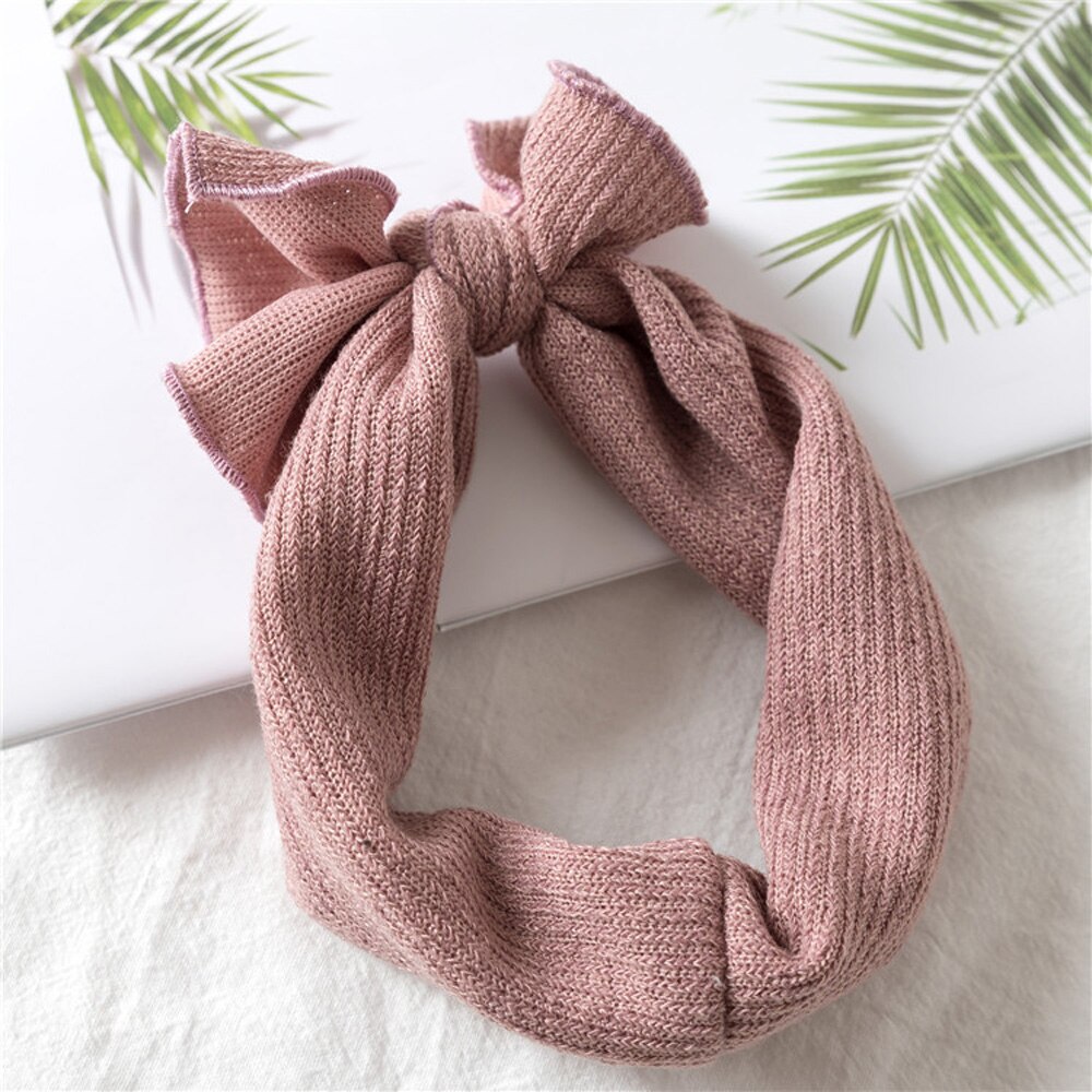 1 Pcs Sweet Baby Bow Knitted Headband Wide Soft Solid Color Crochet Headwrap Elastic Hairband Tiara Winter: pink