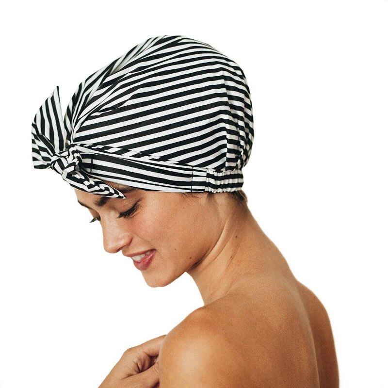 Sød, genanvendelig badehætte til kvinder badehætter til langt hår stor turban badehætte til fletninger (stribe blade blomster)